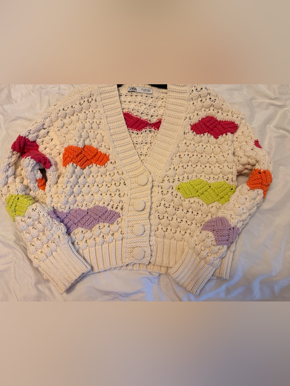 Zara Cream Knit Cardigan with Pink, Orange, Lime & Lavender Accents